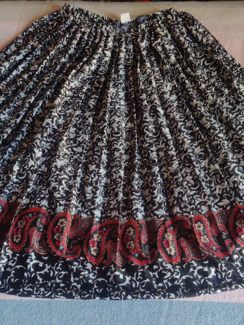 Vintage Black & White Floral Midi Skirt with Red Paisley Border